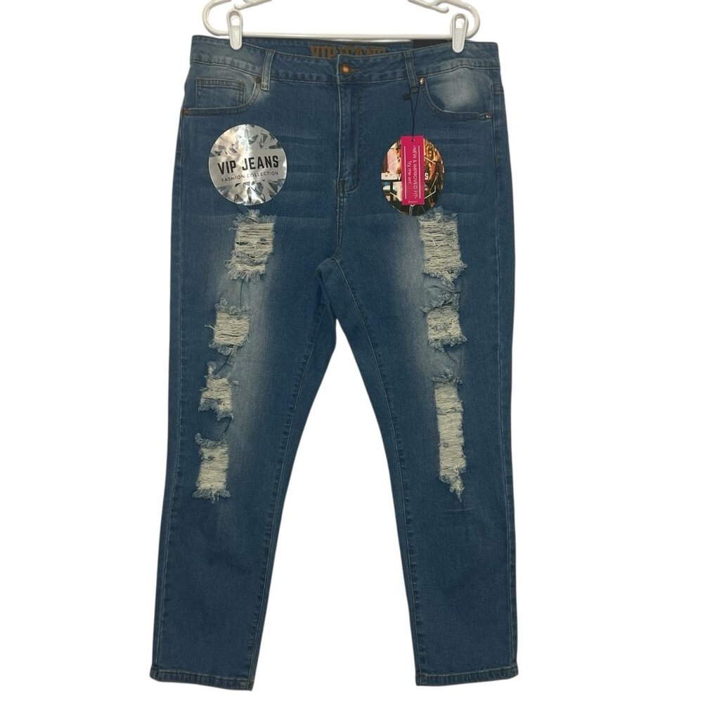 VIP Jeans Women Distressed Mid Rise Sculpting Stretch Blue Size 15/16 Ankle NWT
